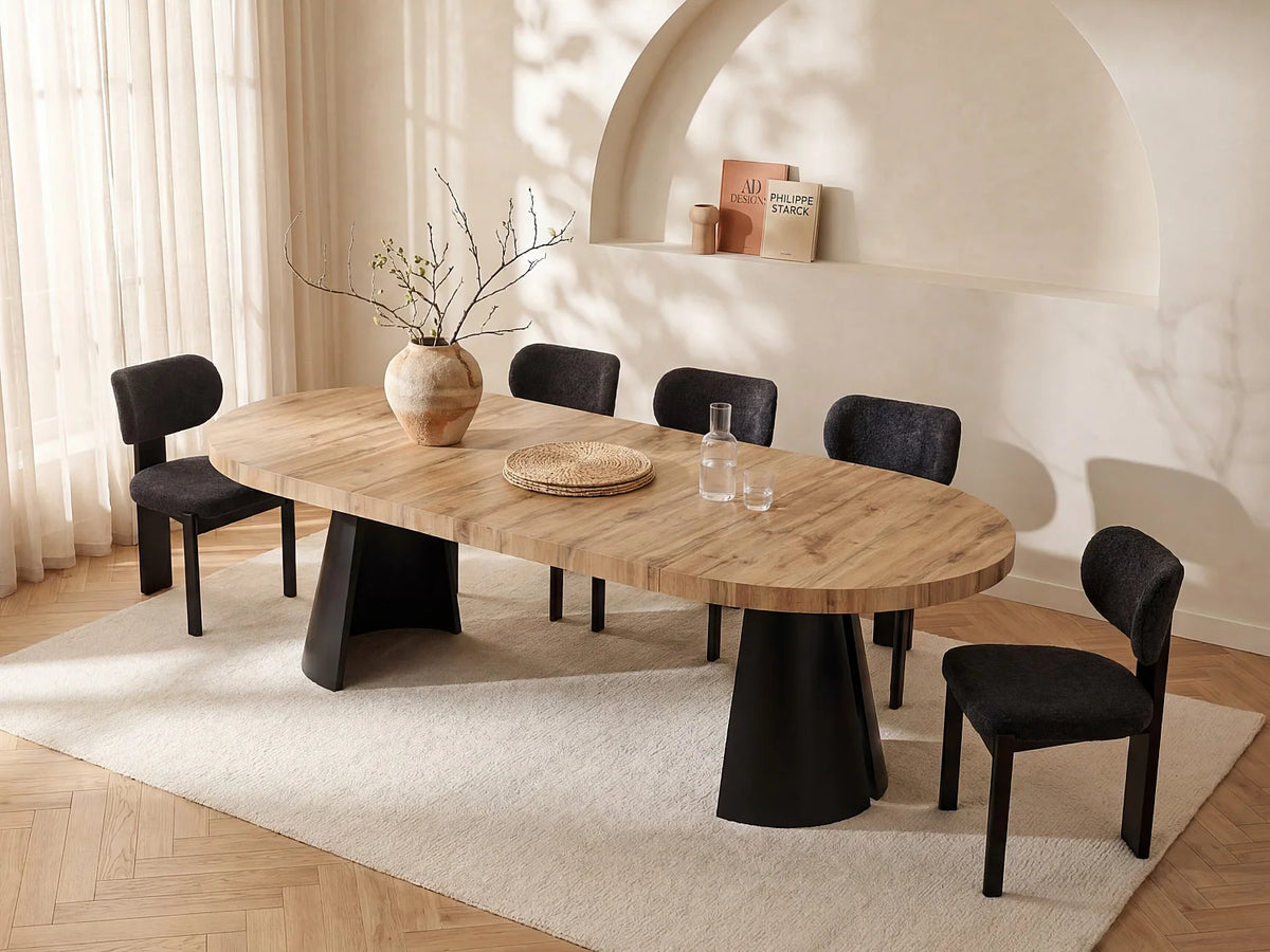 Table à manger ronde Japandi extensible 4 à 12 personnes MDF effet bois clair Ø 120 cm - Jarelia