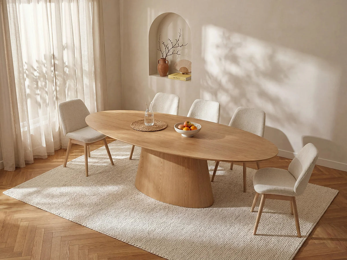 Table à manger ovale Japandi 8 personnes placage de frêne naturel clair 200 x 100 cm - Antelada