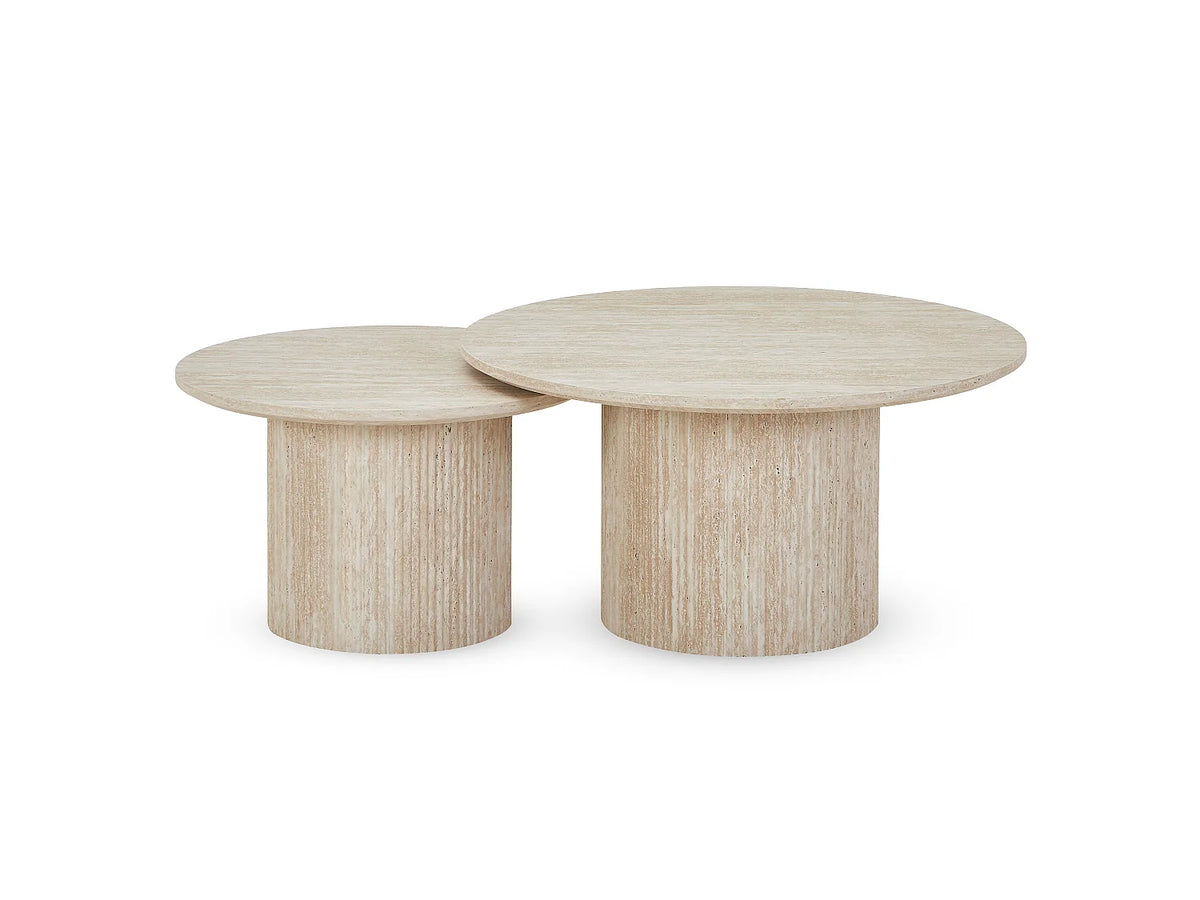 Lot de 2 tables basses Japandi gigognes rondes effet travertin beige Ø 80 cm - Esme