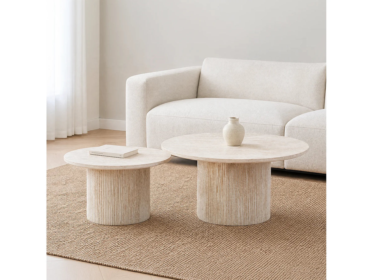 Lot de 2 tables basses Japandi gigognes rondes effet travertin beige Ø 80 cm - Esme