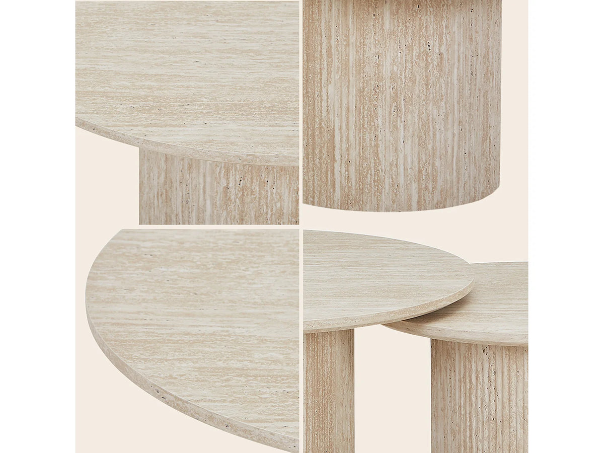Lot de 2 tables basses Japandi gigognes rondes effet travertin beige Ø 80 cm - Esme