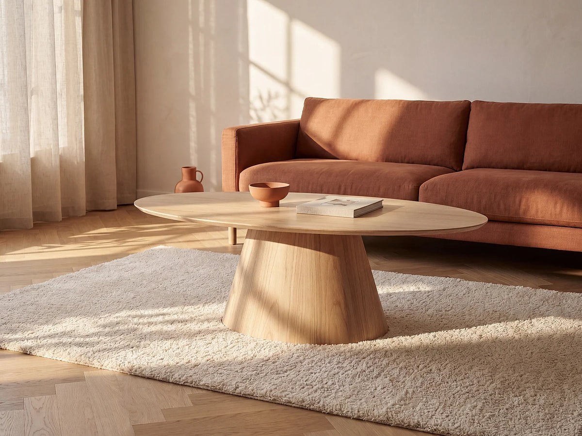 Table basse Japandi ovale en placage de chêne naturel clair 120 x 60 cm - Antelada