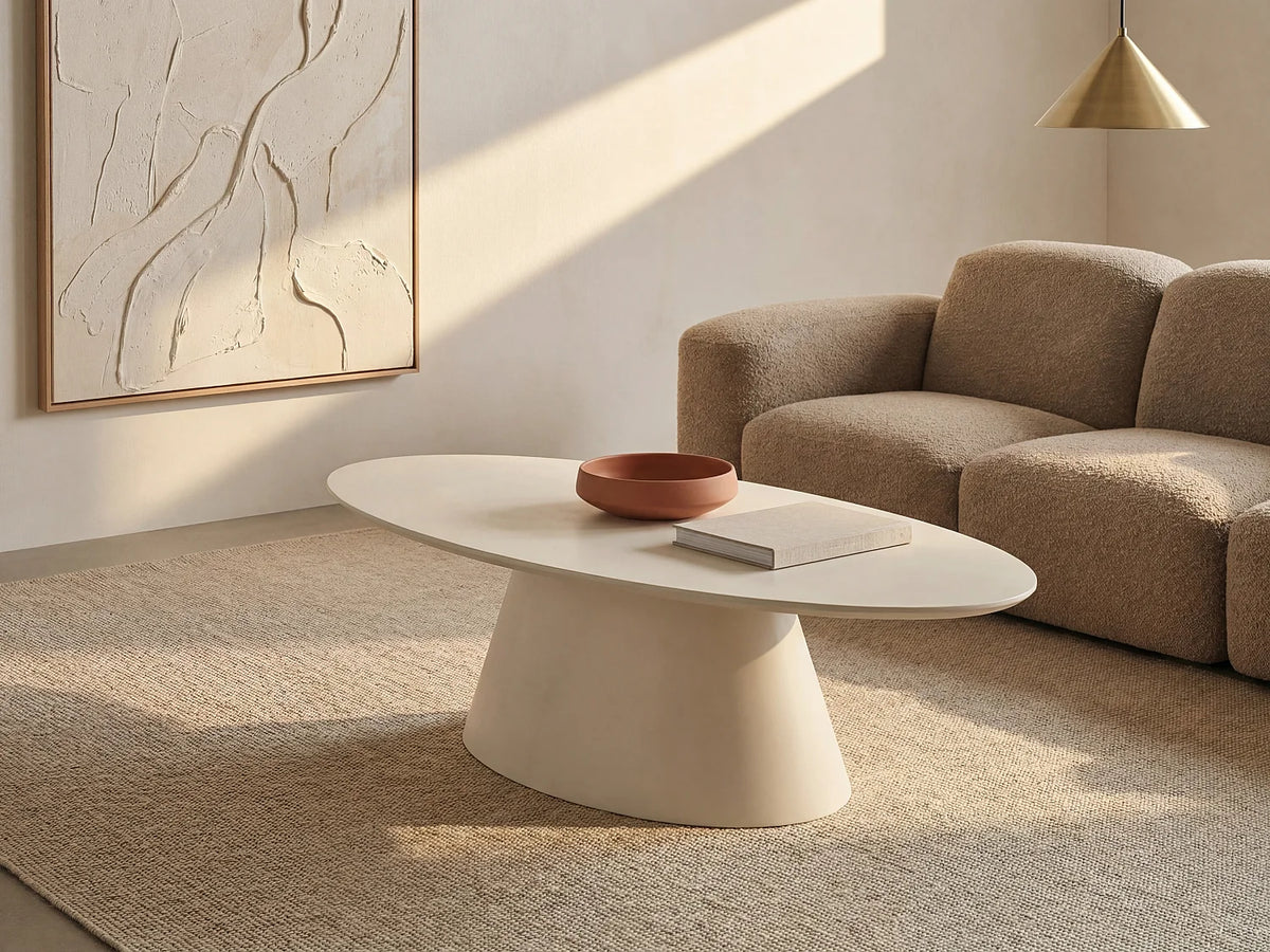 Table basse Japandi ovale en MDF laqué beige mat 120 x 60 cm - Antelada