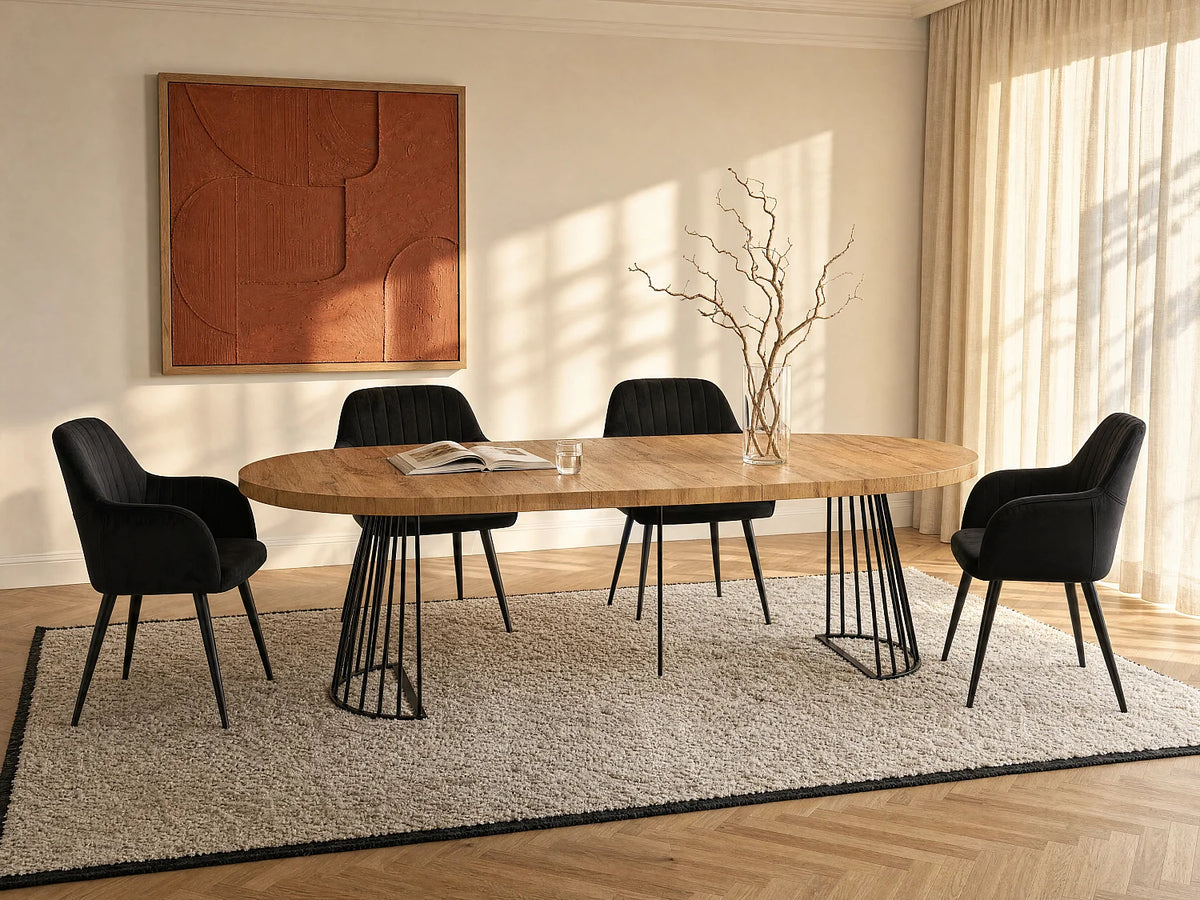 Table à manger ronde Japandi extensible 2 à 12 personnes MDF naturel, acier noir Ø 110 cm - Firela