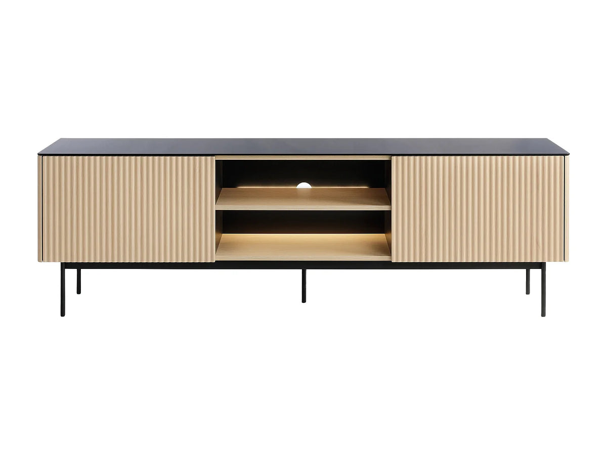 Meuble TV Japandi 2 portes et niches LED en MDF et verre fumé naturel et noir 180 x 57 cm - Sayera