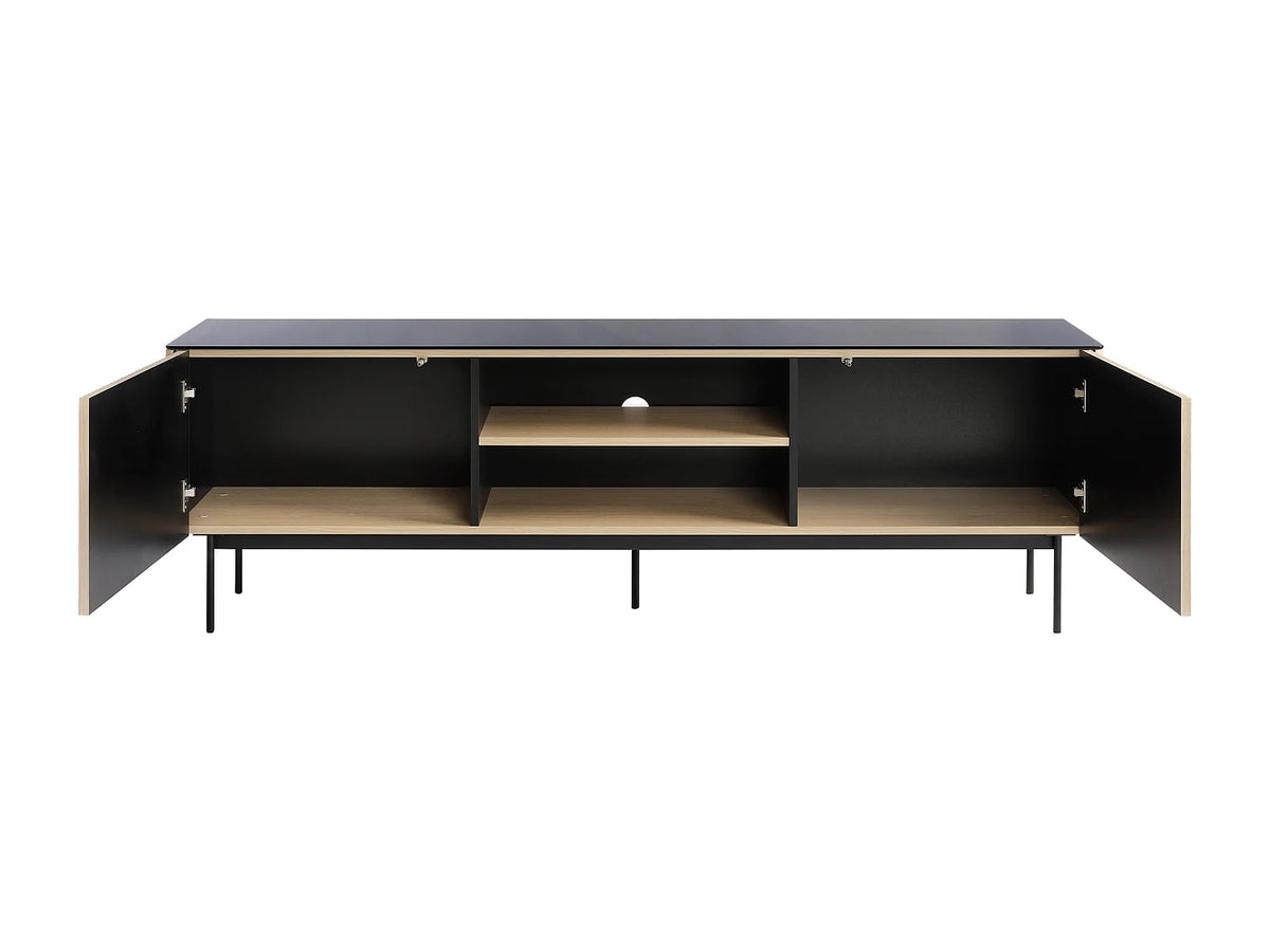 Meuble TV Japandi 2 portes et niches LED en MDF et verre fumé naturel et noir 180 x 57 cm - Sayera