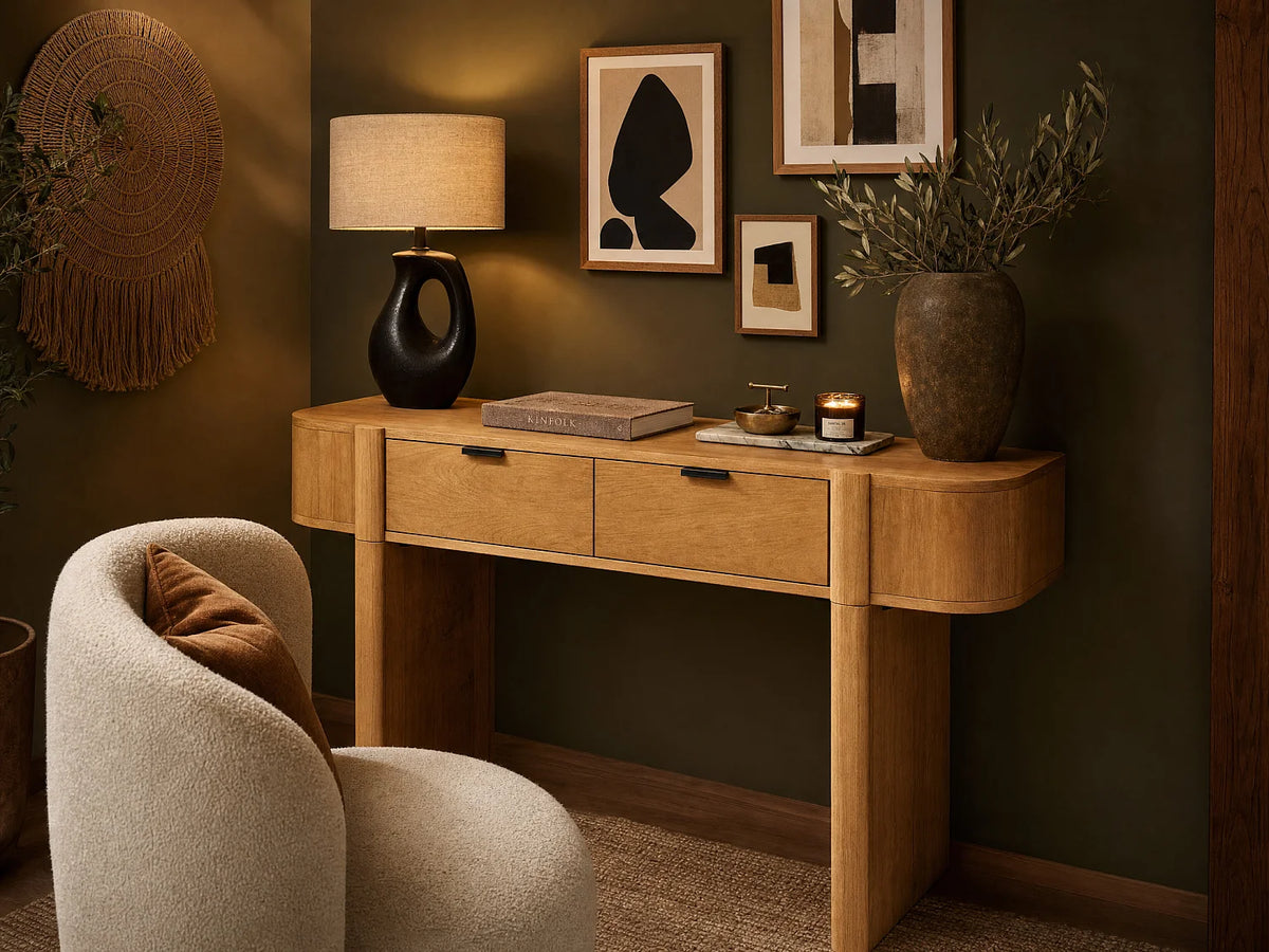 Bureau console Japandi 2 tiroirs en bois de manguier naturel 120 x 76,5 cm - Melyran