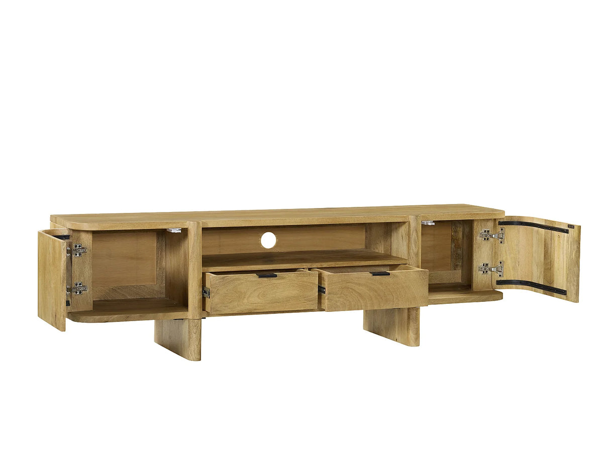 Meuble TV Japandi 2 portes 2 tiroirs et 1 niche en manguier naturel clair 175 x 50 cm - Melyran