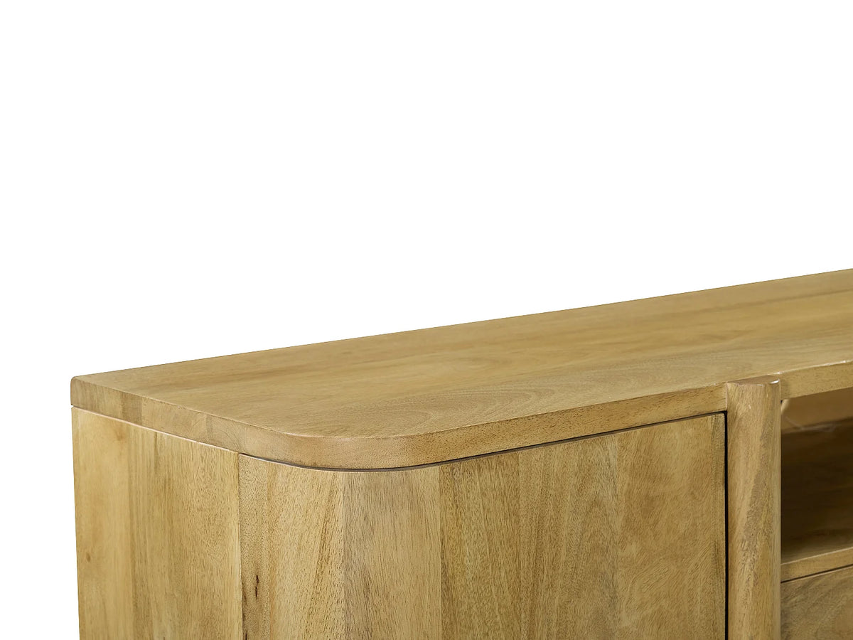 Meuble TV Japandi 2 portes 2 tiroirs et 1 niche en manguier naturel clair 175 x 50 cm - Melyran