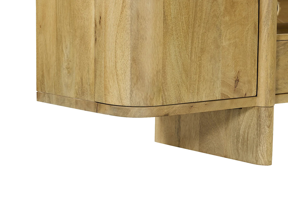 Meuble TV Japandi 2 portes 2 tiroirs et 1 niche en manguier naturel clair 175 x 50 cm - Melyran