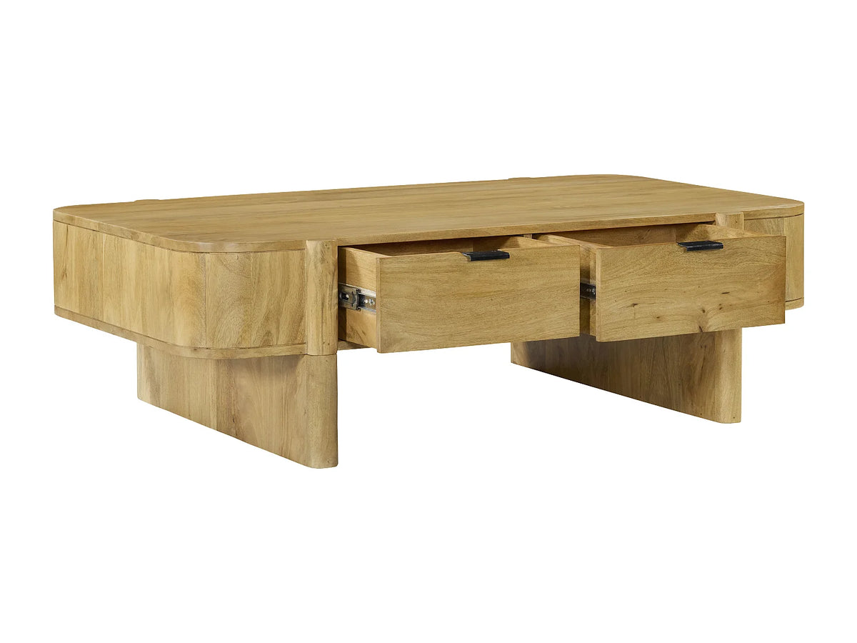 Table basse Japandi avec 2 tiroirs en bois de manguier naturel clair 120 x 70 cm - Melyran