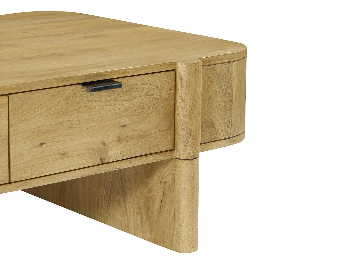 Table basse Japandi avec 2 tiroirs en bois de manguier naturel clair 120 x 70 cm - Melyran