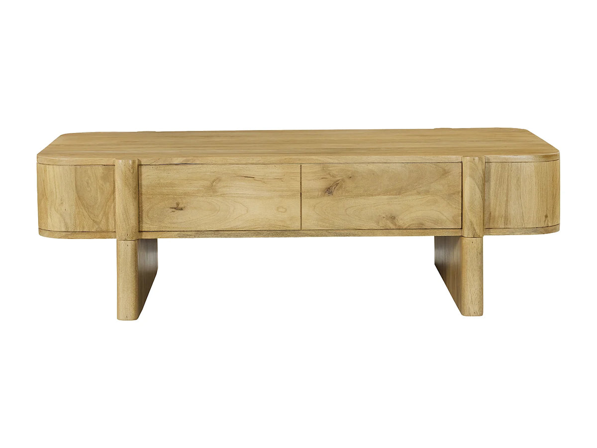 Table basse Japandi avec 2 tiroirs en bois de manguier naturel clair 120 x 70 cm - Melyran