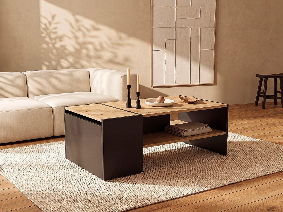Table basse Japandi avec coffre de rangement mélaminé anthracite et naturel 110 x 60 cm - Velkan