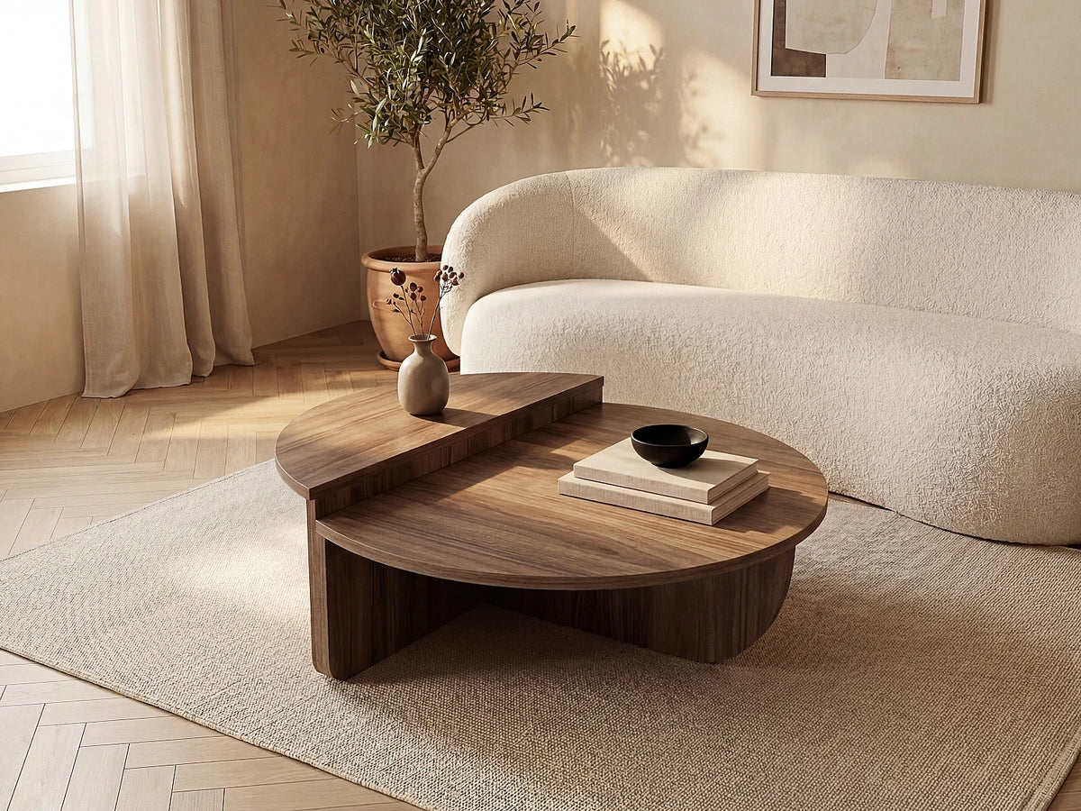 Lot de 2 tables basses Japandi modulables demi-lune mélaminé naturel foncé 90 x 60 cm - Aloeva
