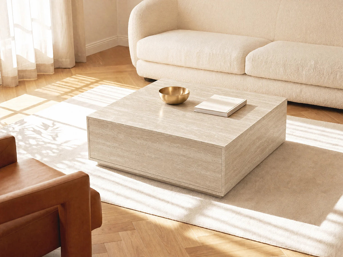 Table basse Japandi carrée avec 2 tiroirs en MDF effet travertin beige 90 x 90 cm - Antrim