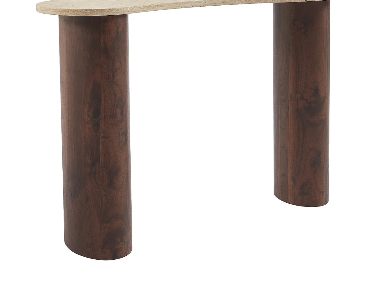 Console Japandi organique en MDF effet travertin beige et naturel foncé 120 x 80 cm - Alozya