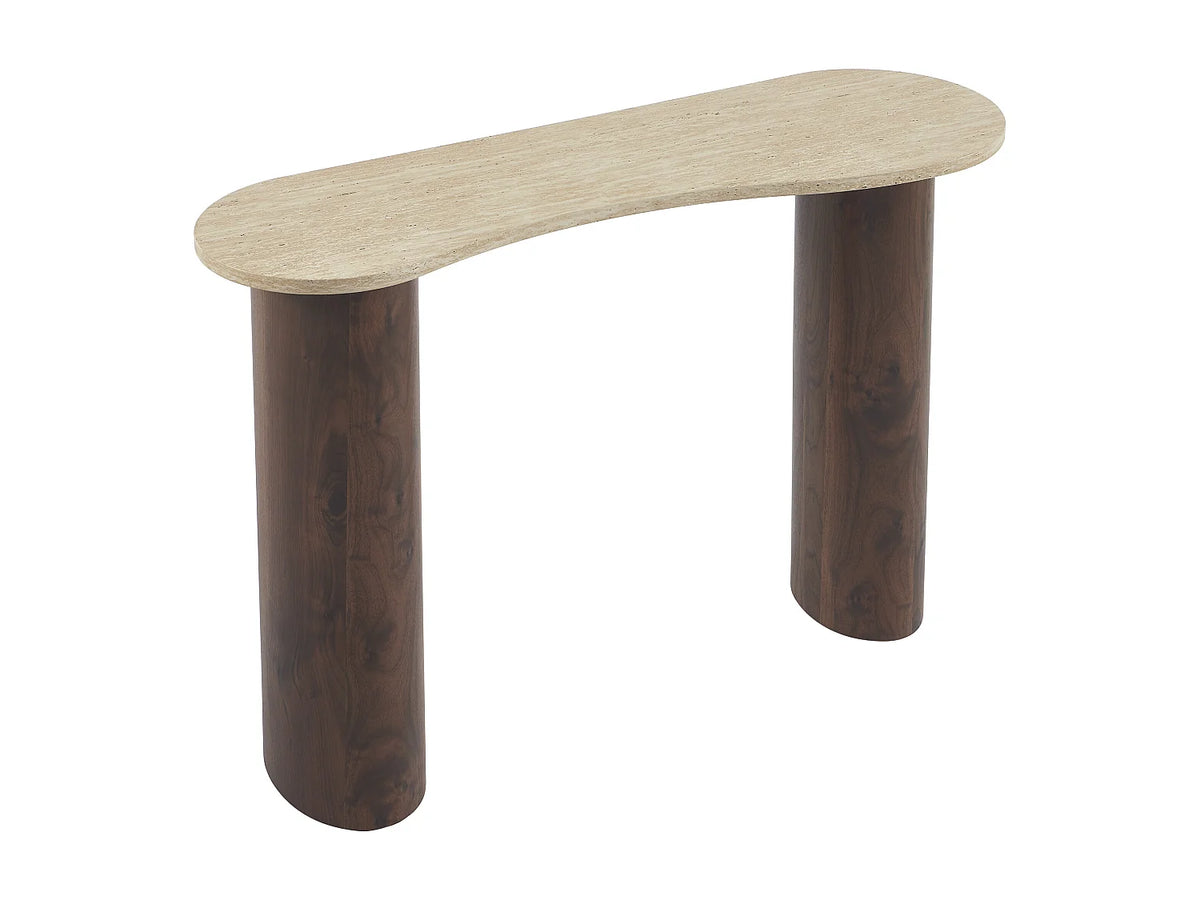 Console Japandi organique en MDF effet travertin beige et naturel foncé 120 x 80 cm - Alozya
