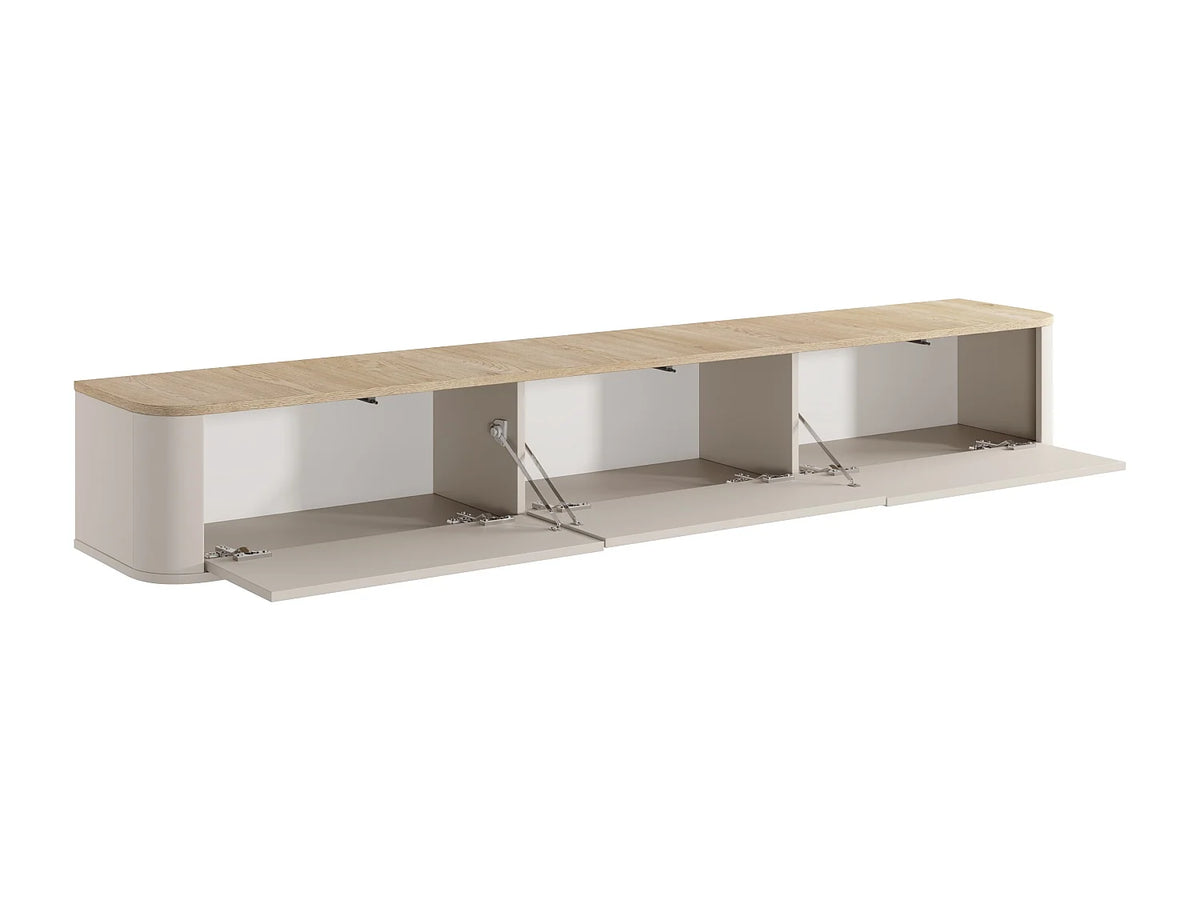 Meuble TV Japandi suspendu 3 portes avec LEDs beige et naturel clair 200 x 28,2 cm - Ajuga