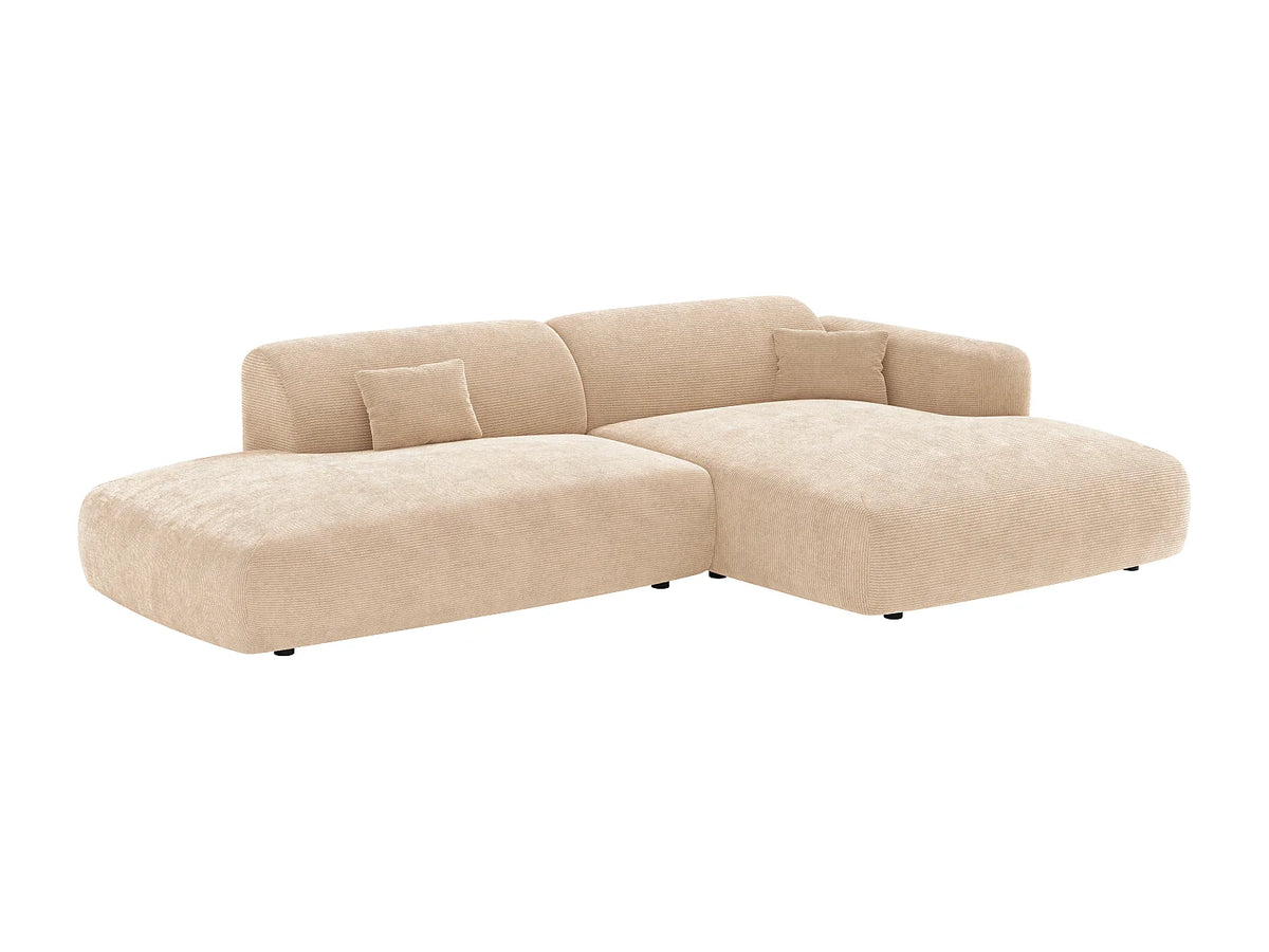 Canapé d'angle Japandi droit ouvert 5 places en velours côtelé fines côtes beige 300 cm - Pogni