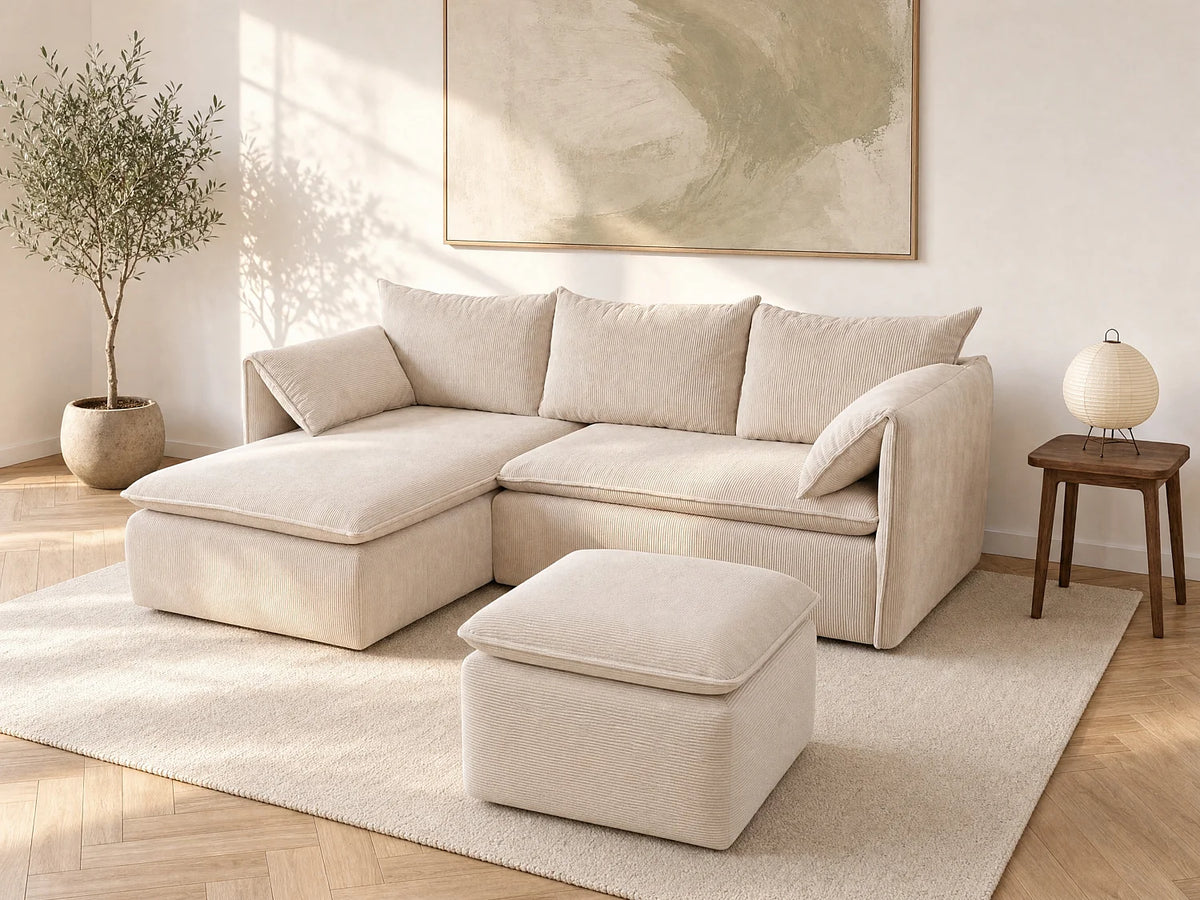 Canapé d'angle Japandi gauche convertible avec pouf en velours côtelé beige 230 cm - Teodora