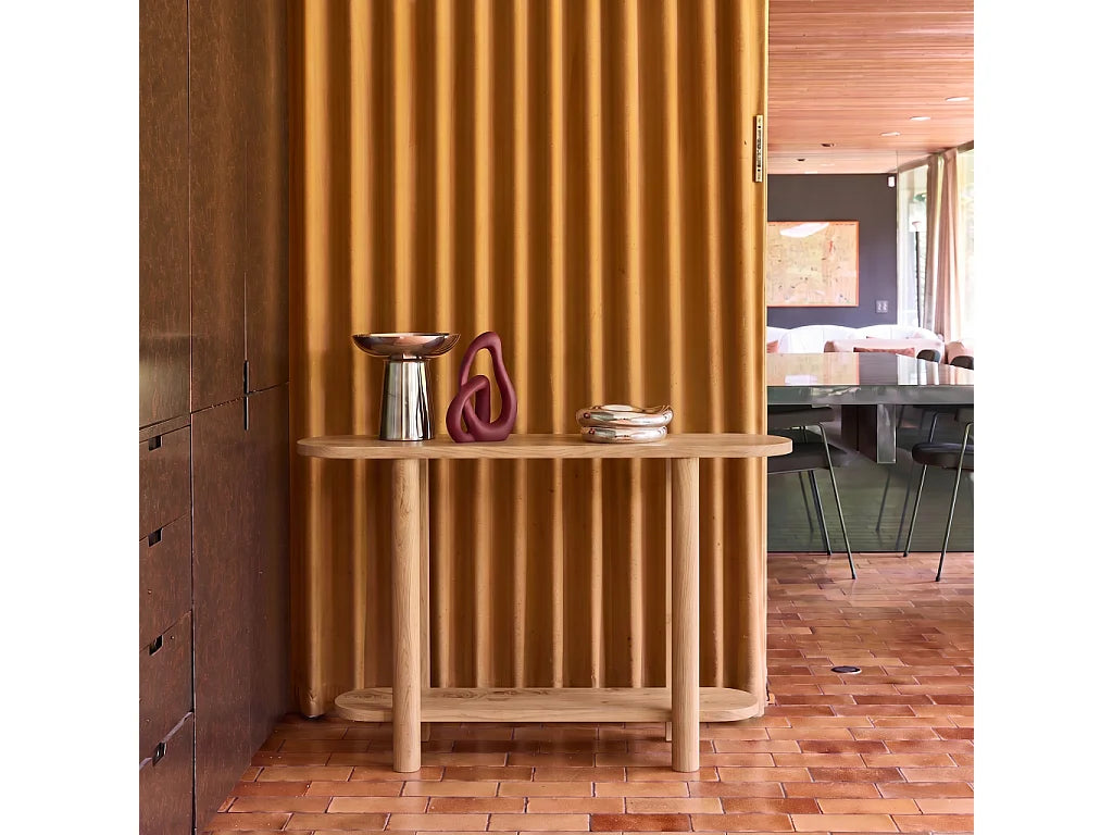 Console Japandi ovale 2 niveaux en bois d'acacia naturel 120 x 75 cm - Sana