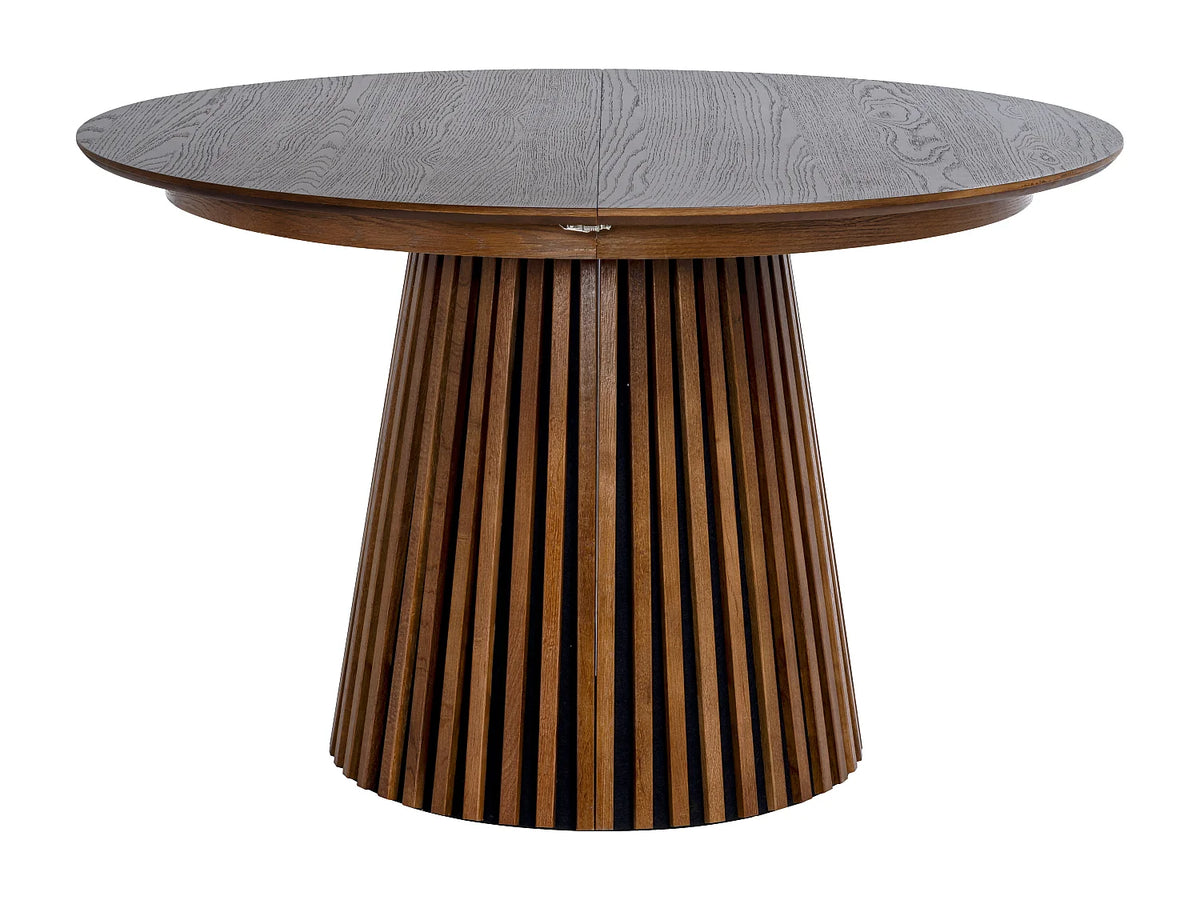 Table à manger ronde Japandi extensible 4 à 8 personnes placage chêne foncé Ø 120 cm - Carmiza