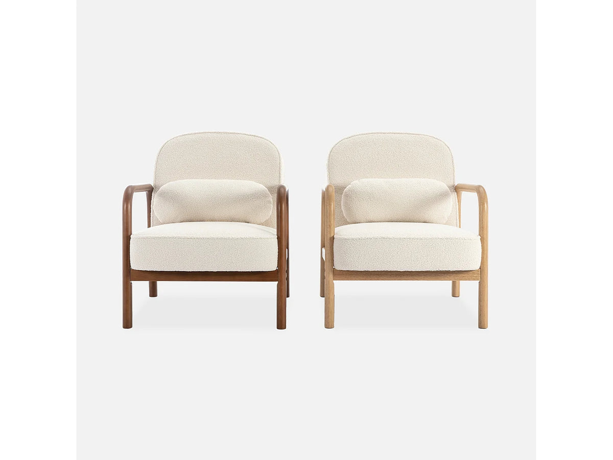 Fauteuil Japandi à dossier arrondi en bois d'hévéa et bouclette crème - Amelie