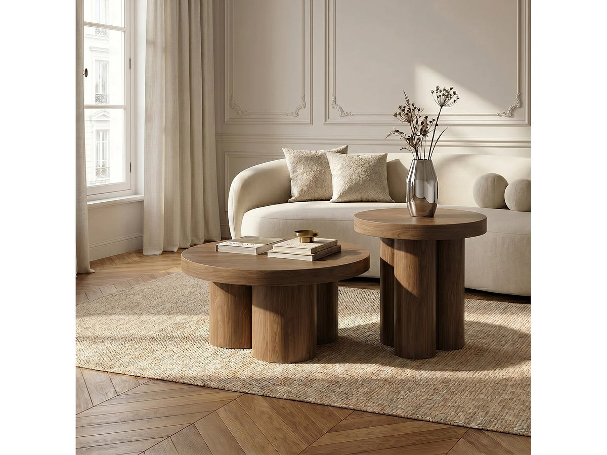Table basse Japandi ronde en contreplaqué noyer clair Ø 70 cm - Nari