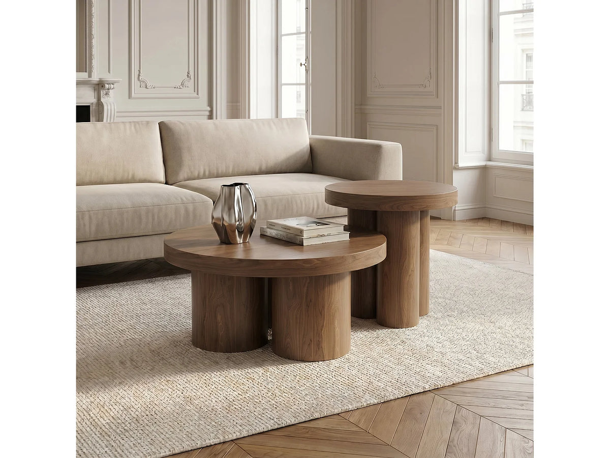 Table basse Japandi ronde en contreplaqué noyer clair Ø 70 cm - Nari