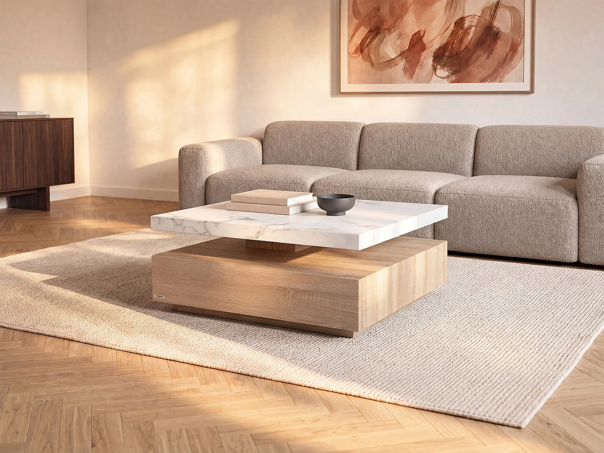 Table basse Japandi carrée pivotante avec 1 tiroir effet marbre blanc et naturel 80 x 80 cm - Kyria