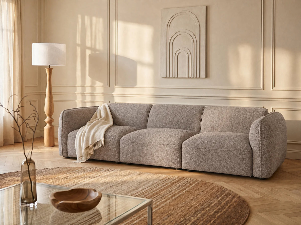 Canapé Japandi modulable 3 places en tissu chenille taupe 271 cm - Camilio