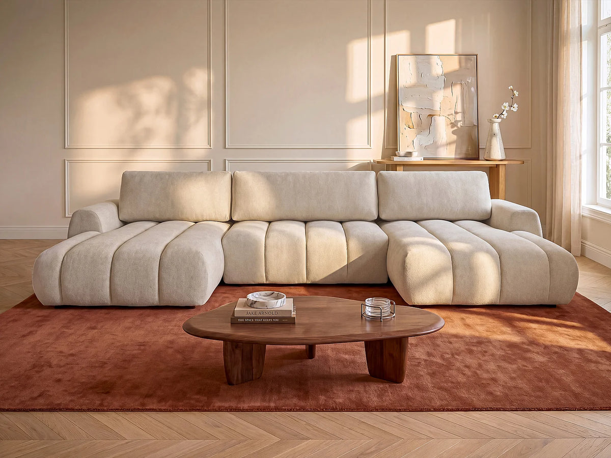 Canapé d'angle Japandi panoramique convertible avec coffre en tissu matelassé beige 364 cm - Fridora