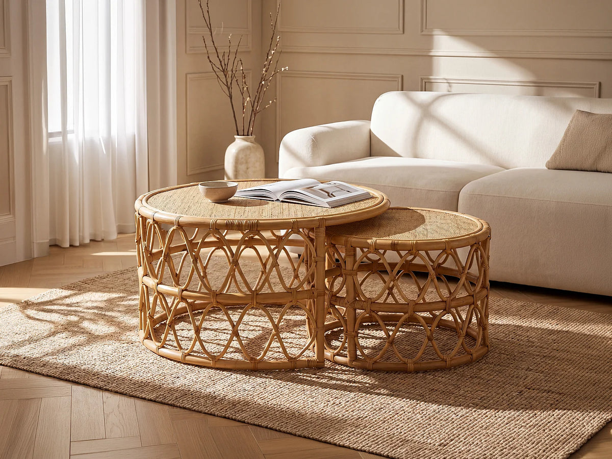 Lot de 2 tables basses Japandi gigognes rondes en rotin tressé naturel Ø 80 cm - Ronita