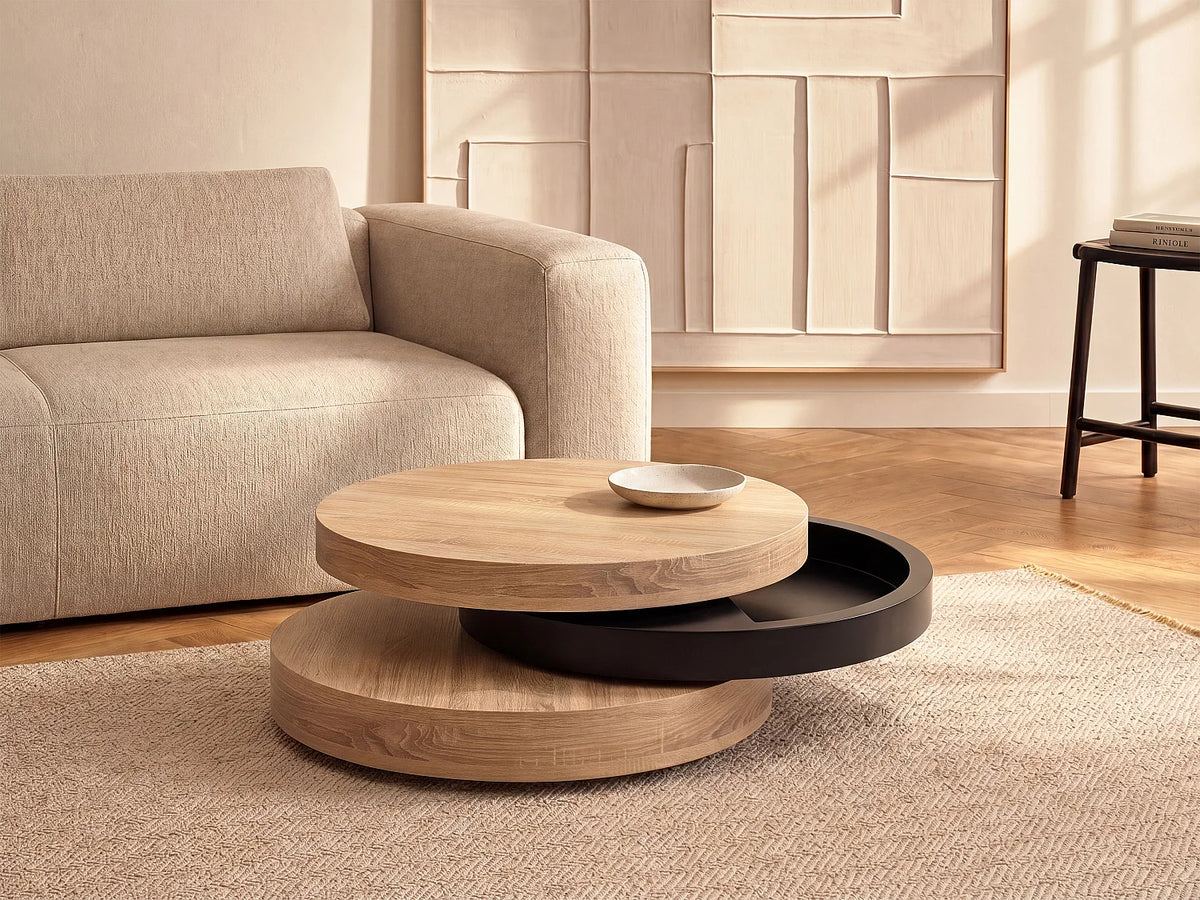Table basse Japandi ronde pivotante avec niche en MDF noir et naturel clair Ø 80 cm - Janita