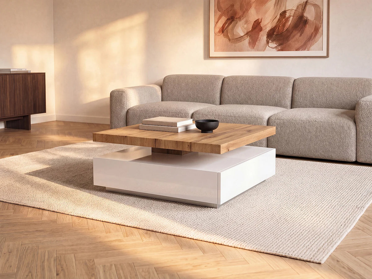 Table basse Japandi carrée pivotante avec 1 tiroir en MDF blanc et naturel 80 x 80 cm - Kyria