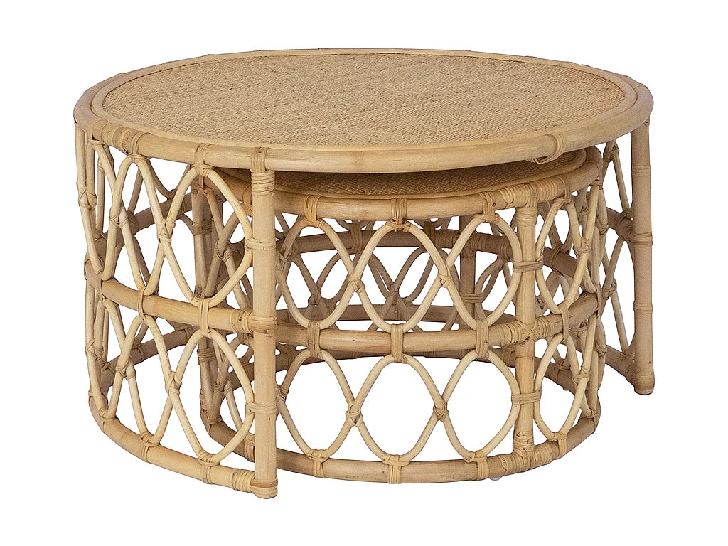 Lot de 2 tables basses Japandi gigognes rondes en rotin tressé naturel Ø 80 cm - Ronita