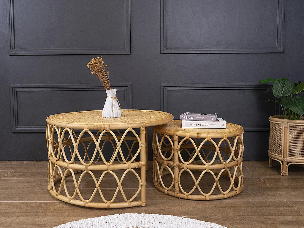 Lot de 2 tables basses Japandi gigognes rondes en rotin tressé naturel Ø 80 cm - Ronita