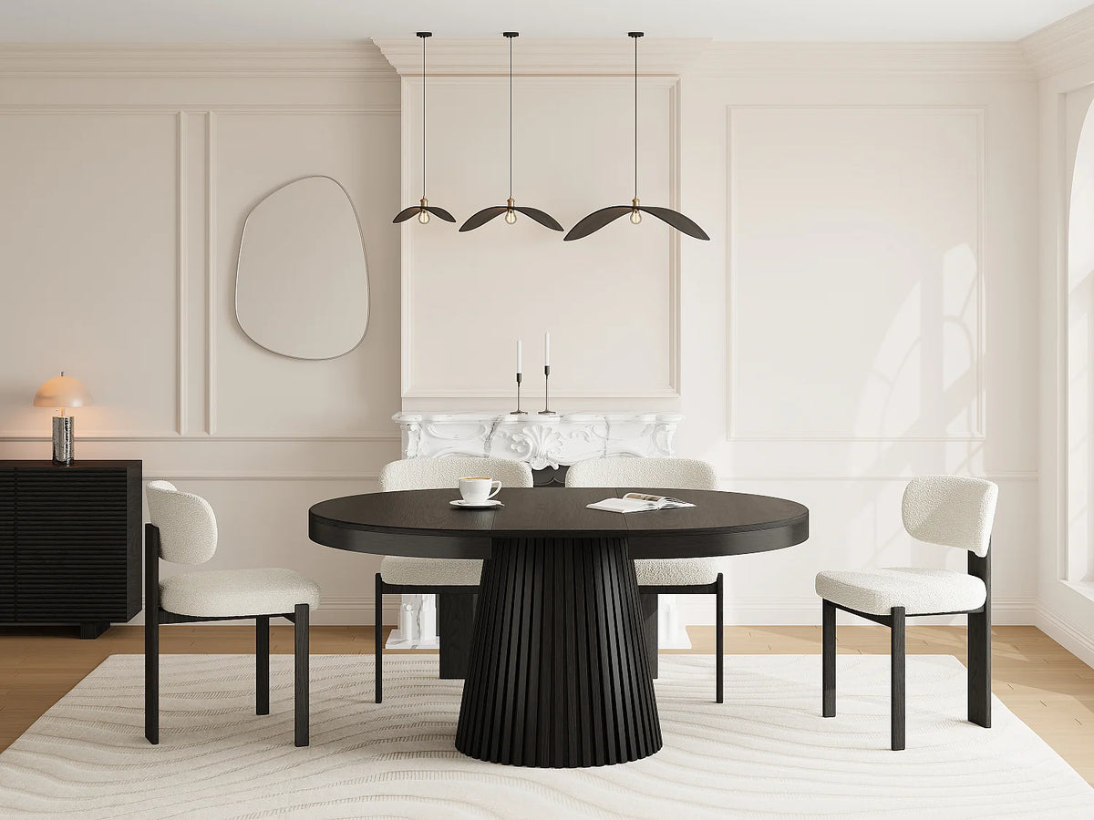 Table à manger ronde Japandi extensible 4 à 6 personnes placage chêne noir Ø 120 cm - Carmiza