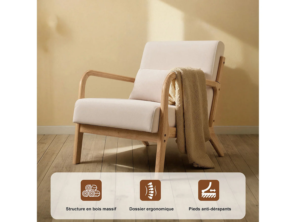 Fauteuil Japandi lounge à dossier haut en bois massif et tissu beige