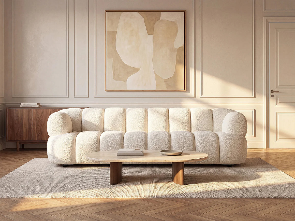 Canapé Japandi 3 places en bouclette blanc cassé 227 cm - Coliani