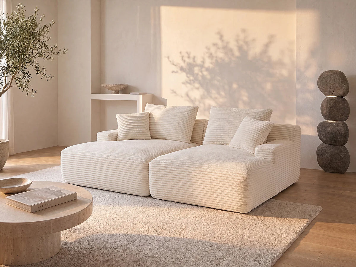 Canapé Japandi 3 places à assise profonde en velours côtelé grosses côtes beige 200 cm - Donilia