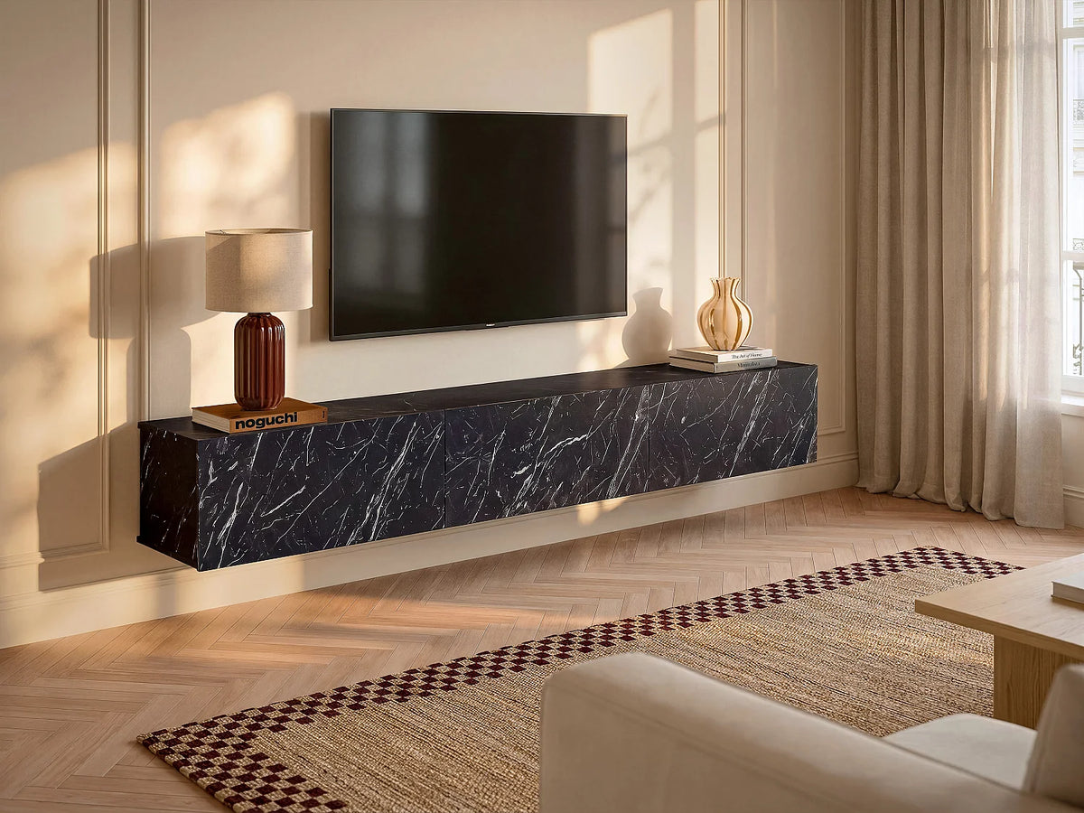 Meuble TV Japandi suspendu 3 portes effet marbre noir 180 x 29,5 cm - Vikila