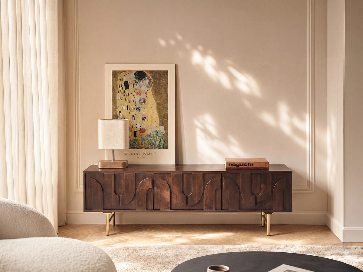 Meuble TV Japandi 3 portes en bois de manguier et métal doré 160 x 50 cm - Mizoram