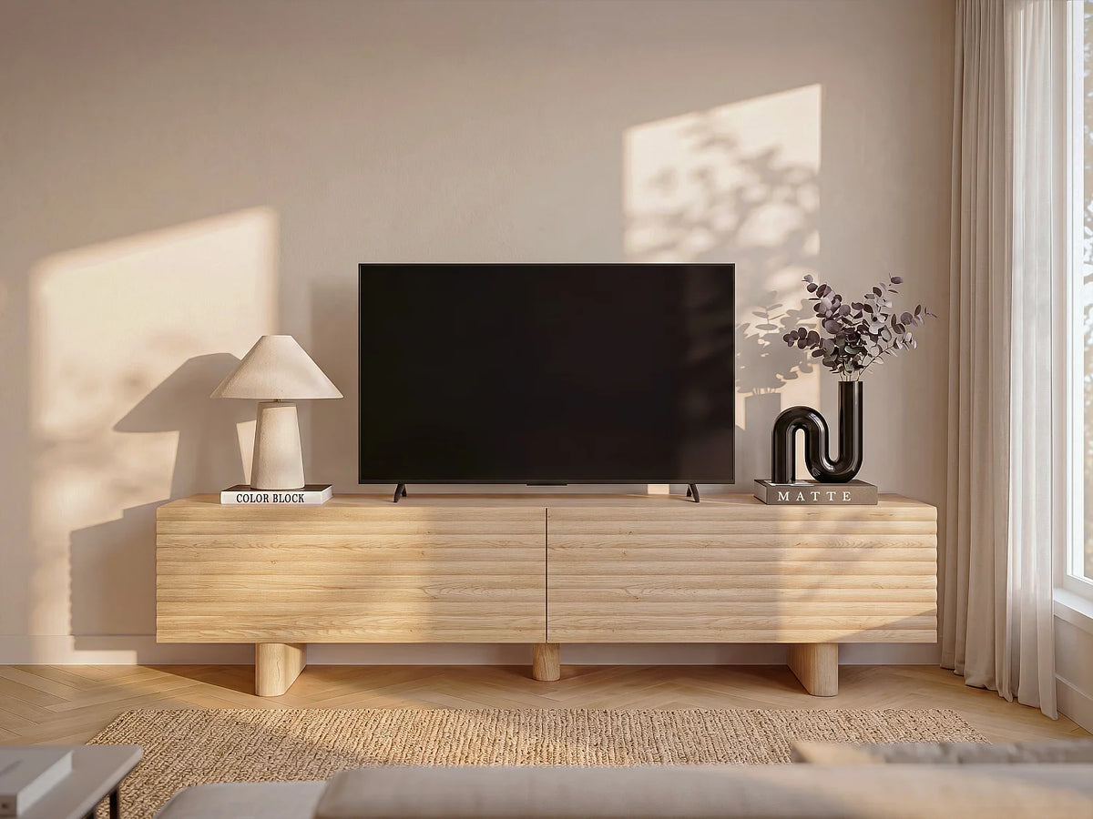 Meuble TV Japandi 2 portes façade rainurée en MDF naturel 180 x 46,1 cm - Ludima