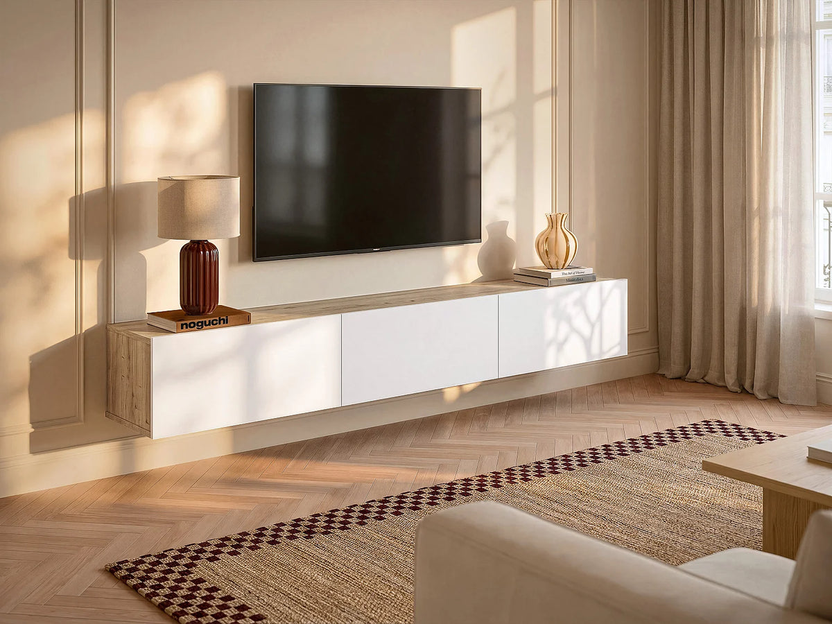 Meuble TV Japandi suspendu 3 portes blanc et effet bois naturel clair 180 x 29,5 cm - Vikila