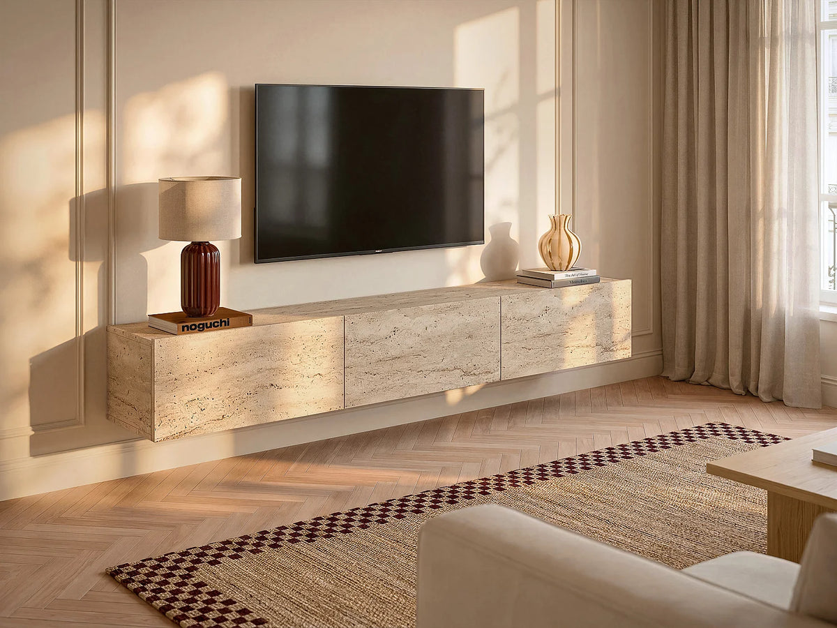 Meuble TV Japandi suspendu 3 portes effet travertin 180 x 29,5 cm - Vikila