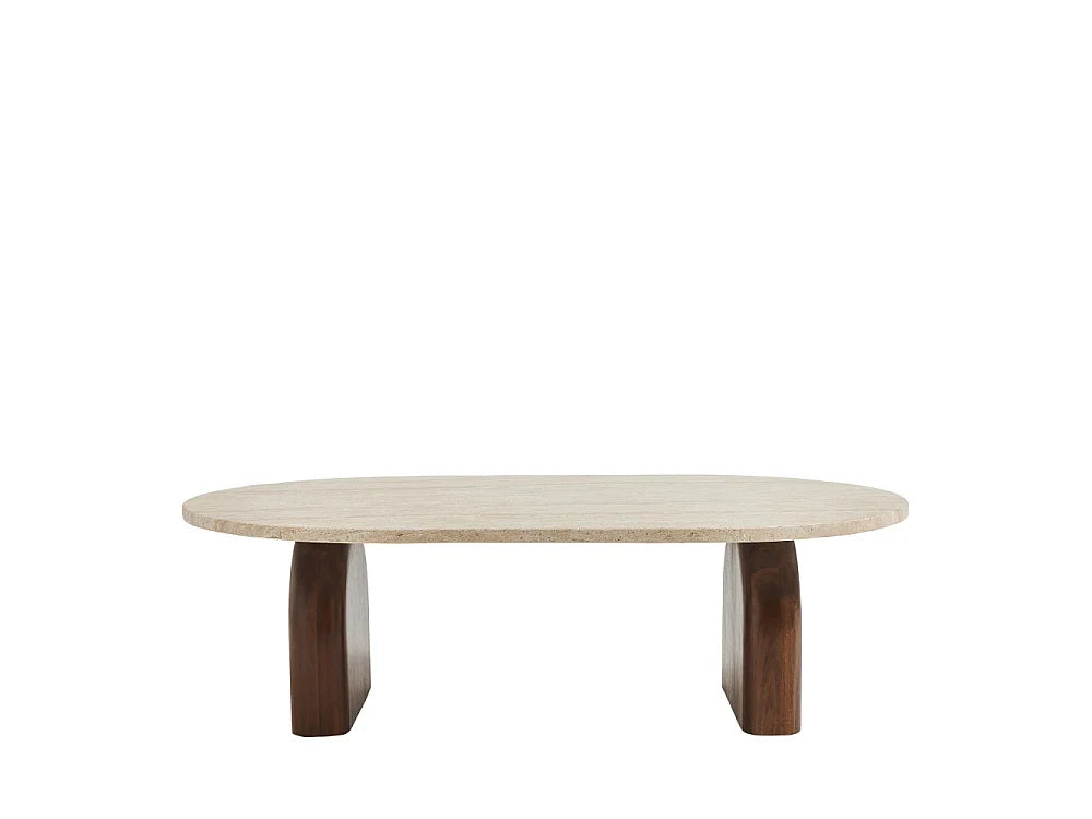 Table basse Japandi effet travertin beige et pieds en acacia 100 x 60 cm - Lipali