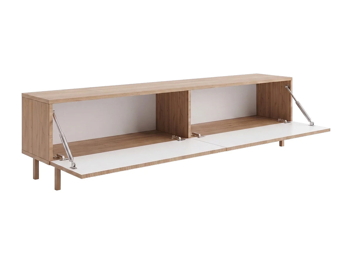 Meuble TV Japandi 2 portes rainurées effet bois naturel clair pieds hêtre 180 x 43,5 cm - Zumeya