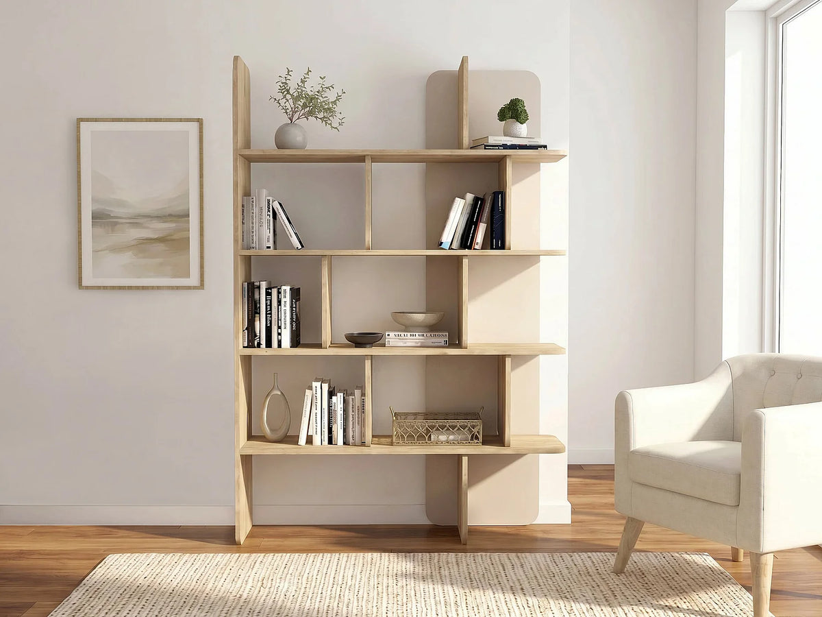 Étagère murale Japandi 4 tablettes naturel clair et beige 121,8 x 180 cm - Minalva